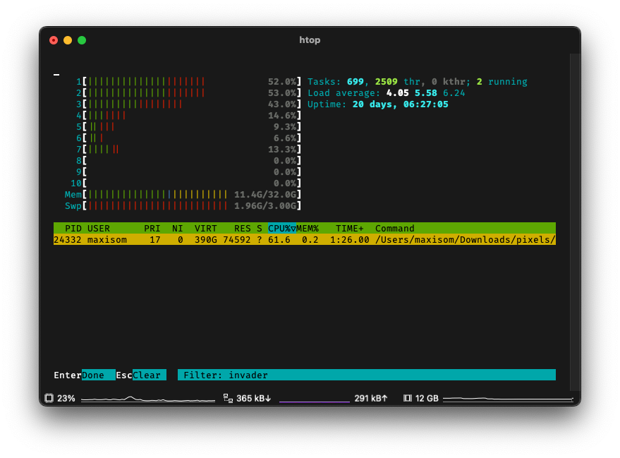 htop of space invaders example, showing 60% CPU usage