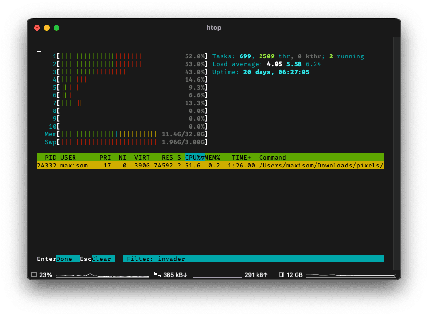 htop of space invaders example, showing 60% CPU usage